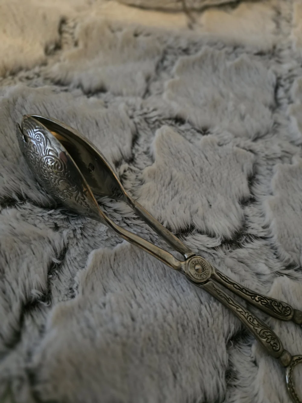 Vintage Antique-Style Silver Plate Serving  Tongs with Ornate Engraving
